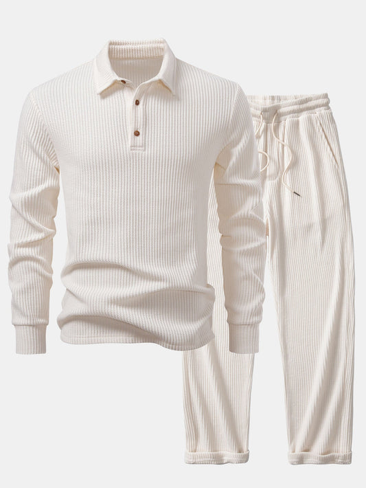 Long Sleeved Knitted Waffle Polo Shirt & Drawstring Knitted Waffle Pants