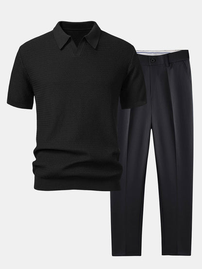 Wave Jacquard Knit V Neck Polo Shirt & Slim Fit Tapered Trousers