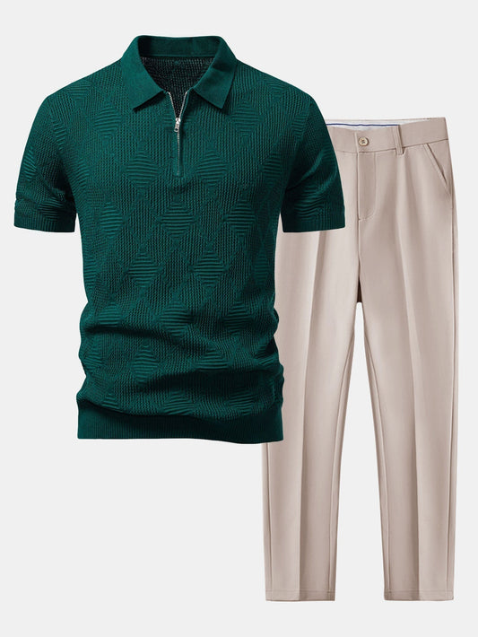 Rhombus Textured Zip Up Knitted Polo Shirt & Slim Fit Tapered Trousers