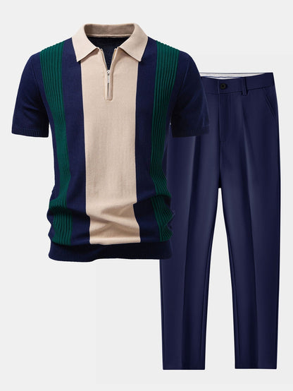 Textured Color Block Knit Polo & Slim Fit Tapered Trousers