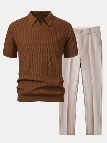 Wave Jacquard Knit V Neck Polo Shirt & Slim Fit Tapered Trousers