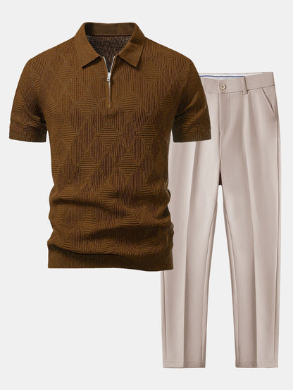 Rhombus Textured Zip Up Knitted Polo Shirt & Slim Fit Tapered Trousers