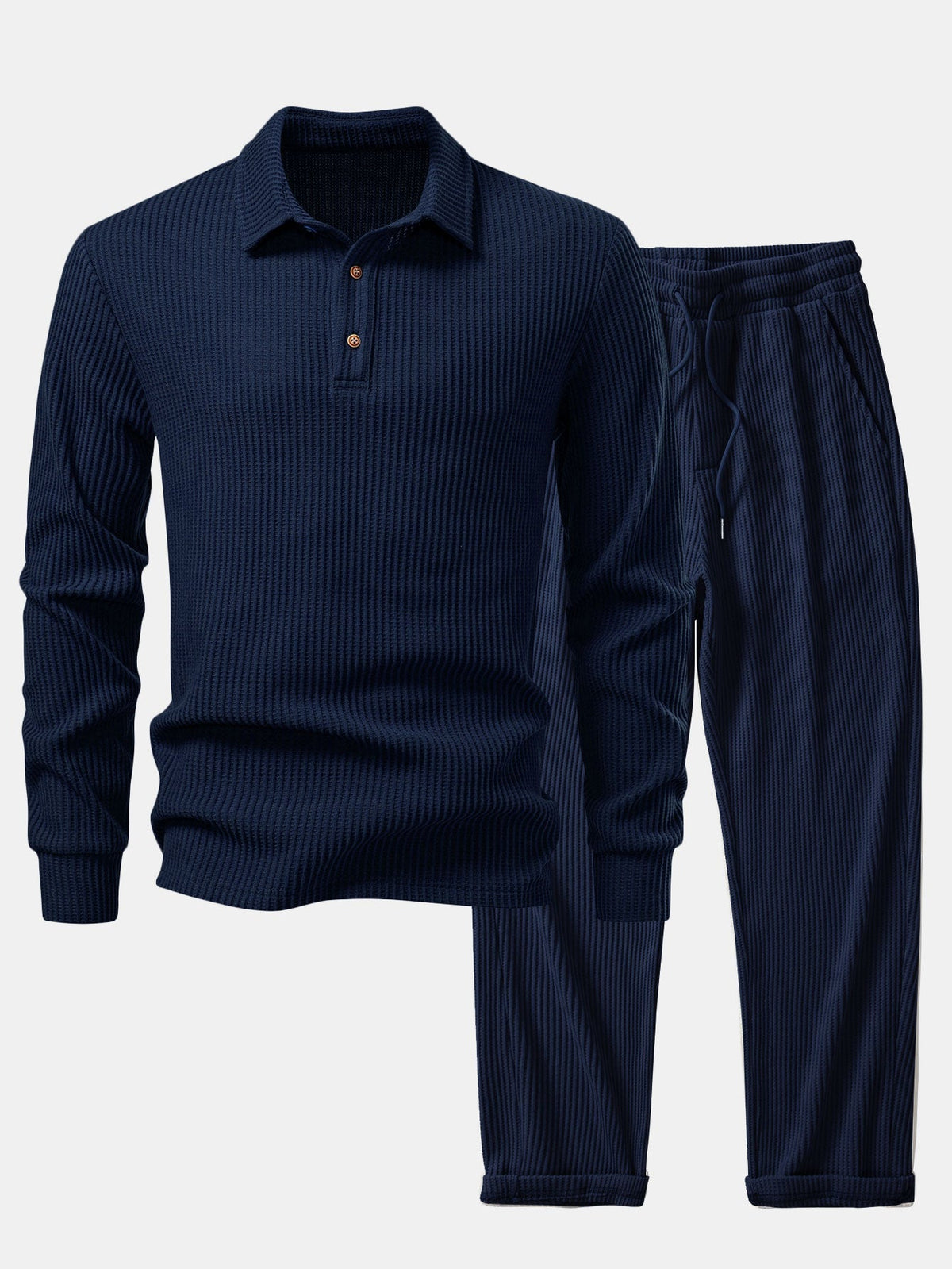 Long Sleeved Knitted Waffle Polo Shirt & Drawstring Knitted Waffle Pants