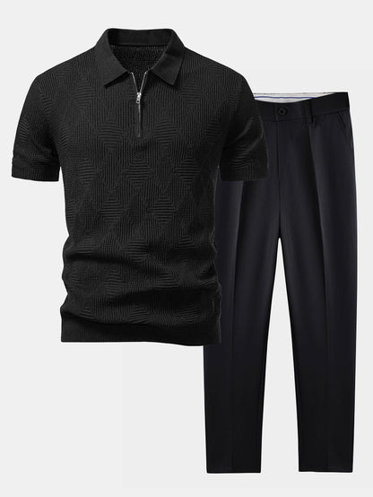Rhombus Textured Zip Up Knitted Polo Shirt & Slim Fit Tapered Trousers