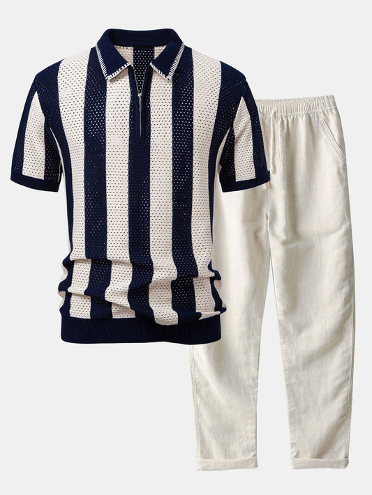 Striped Eyelet Knit Zip Up Polo Shirt & Straight Leg Linen Pants
