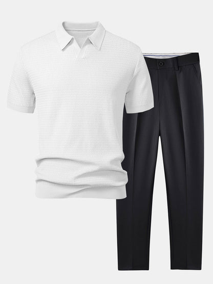 Wave Jacquard Knit V Neck Polo Shirt & Slim Fit Tapered Trousers
