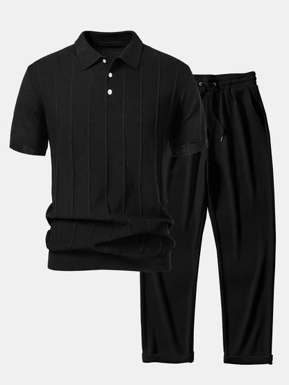 Stripe Jacquard Knit Polo Shirt & Straight Leg Ribbed Pants