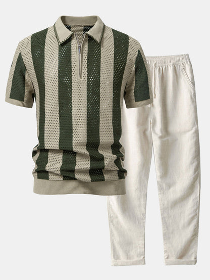 Striped Eyelet Knit Zip Up Polo Shirt & Straight Leg Linen Pants