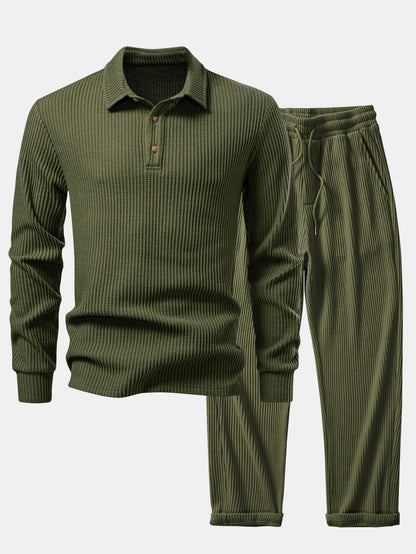 Long Sleeved Knitted Waffle Polo Shirt & Drawstring Knitted Waffle Pants