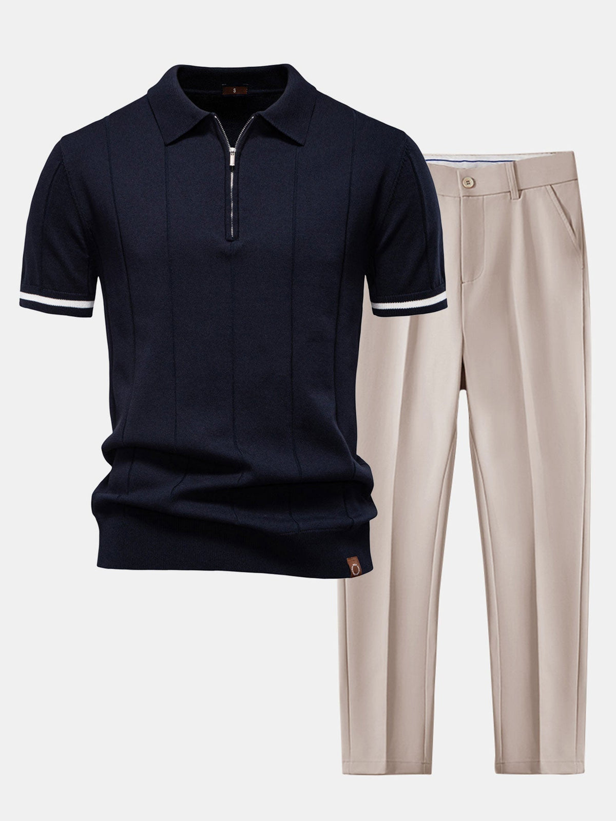 Contrast Trim Zipper Knit Polo Shirt & Slim Fit Tapered Trousers