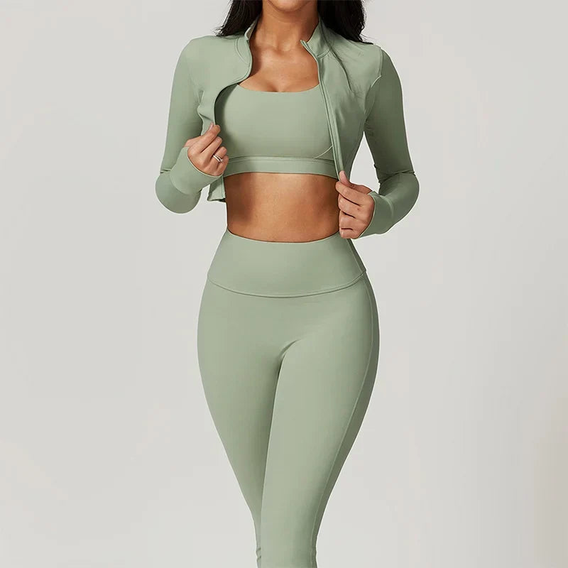 Workout Outfit ActiveWear 3 Pieces Workout Clothes Sports Bra High Waist Gym Leggings Long-Sleeved