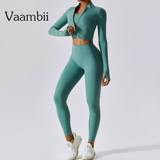 Workout Outfit ActiveWear 3 Pieces Workout Clothes Sports Bra High Waist Gym Leggings Long-Sleeved
