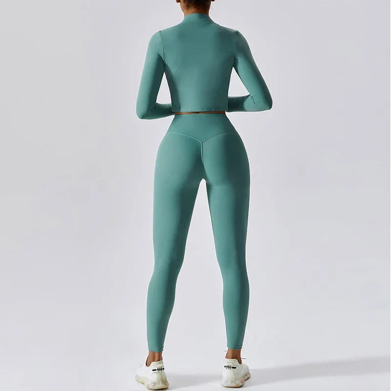 Workout Outfit ActiveWear 3 Pieces Workout Clothes Sports Bra High Waist Gym Leggings Long-Sleeved
