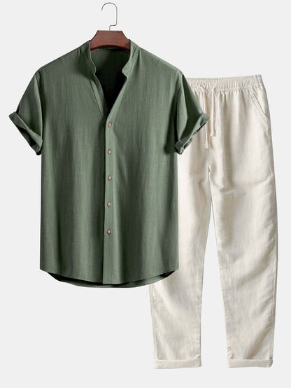 V Neck Linen Rayon Blend Shirt & Straight Leg Linen Pants
