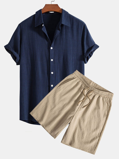 Linen Rayon Blend Button Up Shirt & Crinkled Textured Drawstring Shorts