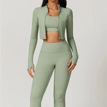 Workout Outfit ActiveWear 3 Pieces Workout Clothes Sports Bra High Waist Gym Leggings Long-Sleeved