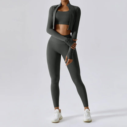 Workout Outfit ActiveWear 3 Pieces Workout Clothes Sports Bra High Waist Gym Leggings Long-Sleeved