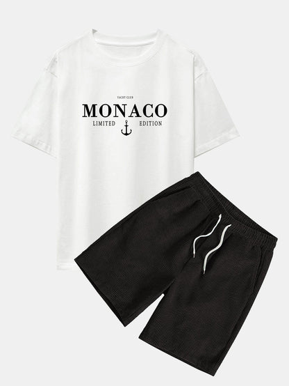 Monaco Slogan Print Drop Shoulder Oversize T-Shirt & Drawstring Corduroy Shorts