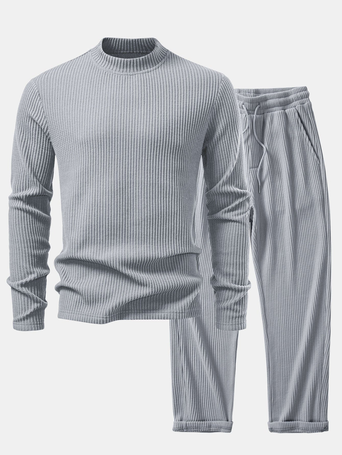 Long Sleeve Waffle Mock Neck T-Shirt & Drawstring Knitted Waffle Pants