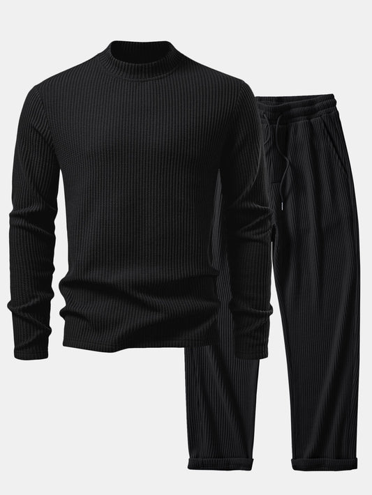 Long Sleeve Waffle Mock Neck T-Shirt & Drawstring Knitted Waffle Pants