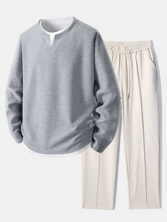 Relax Fit Long Sleeve 2 In 1 Waffle T-Shirt & Single Pleat Drawstring Straight Leg Pants