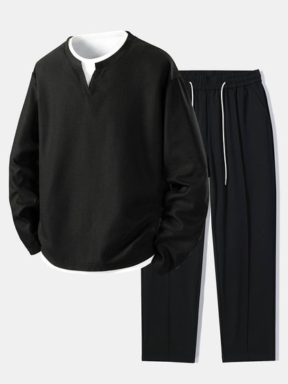 Relax Fit Long Sleeve 2 In 1 Waffle T-Shirt & Single Pleat Drawstring Straight Leg Pants