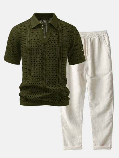 Crochet  V Neck Polo Shirt & Straight Leg Linen Pants