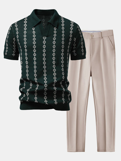 Geometric Knit V Neck Polo Shirt & Slim Fit Tapered Trousers