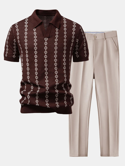Geometric Knit V Neck Polo Shirt & Slim Fit Tapered Trousers
