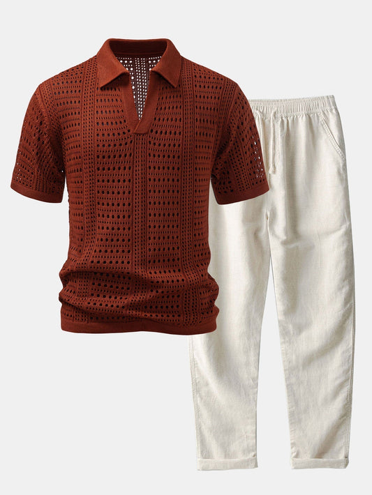 Crochet  V Neck Polo Shirt & Straight Leg Linen Pants