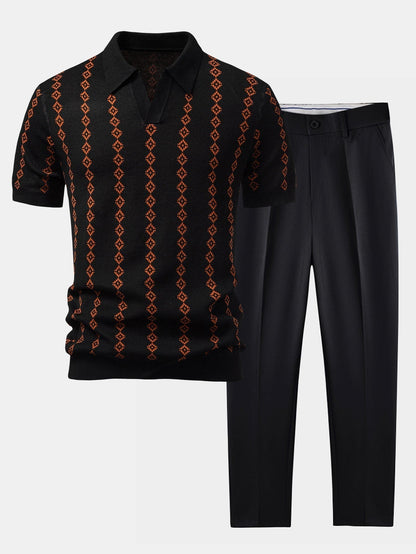 Geometric Knit V Neck Polo Shirt & Slim Fit Tapered Trousers