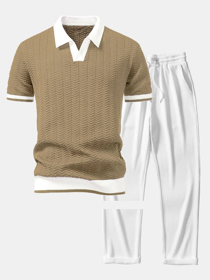 Texture Contrast Knitted V Neck Polo Shirt & Straight Leg Ribbed Pants