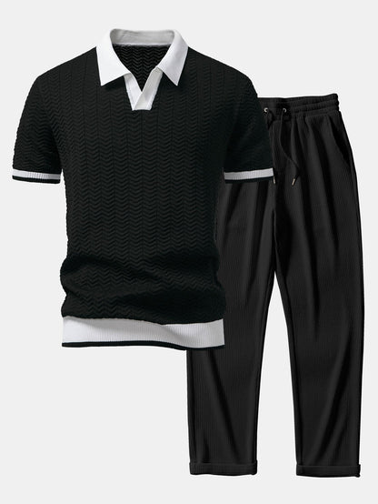 Texture Contrast Knitted V Neck Polo Shirt & Straight Leg Ribbed Pants