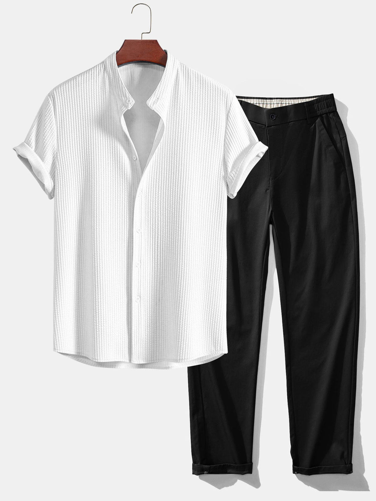 Muscle Fit Ribbed Stand Collar Shirt & Elastic Waist Straight Leg Trousers