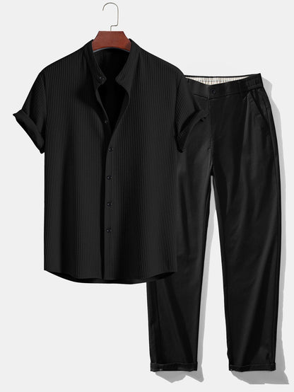 Muscle Fit Ribbed Stand Collar Shirt & Elastic Waist Straight Leg Trousers