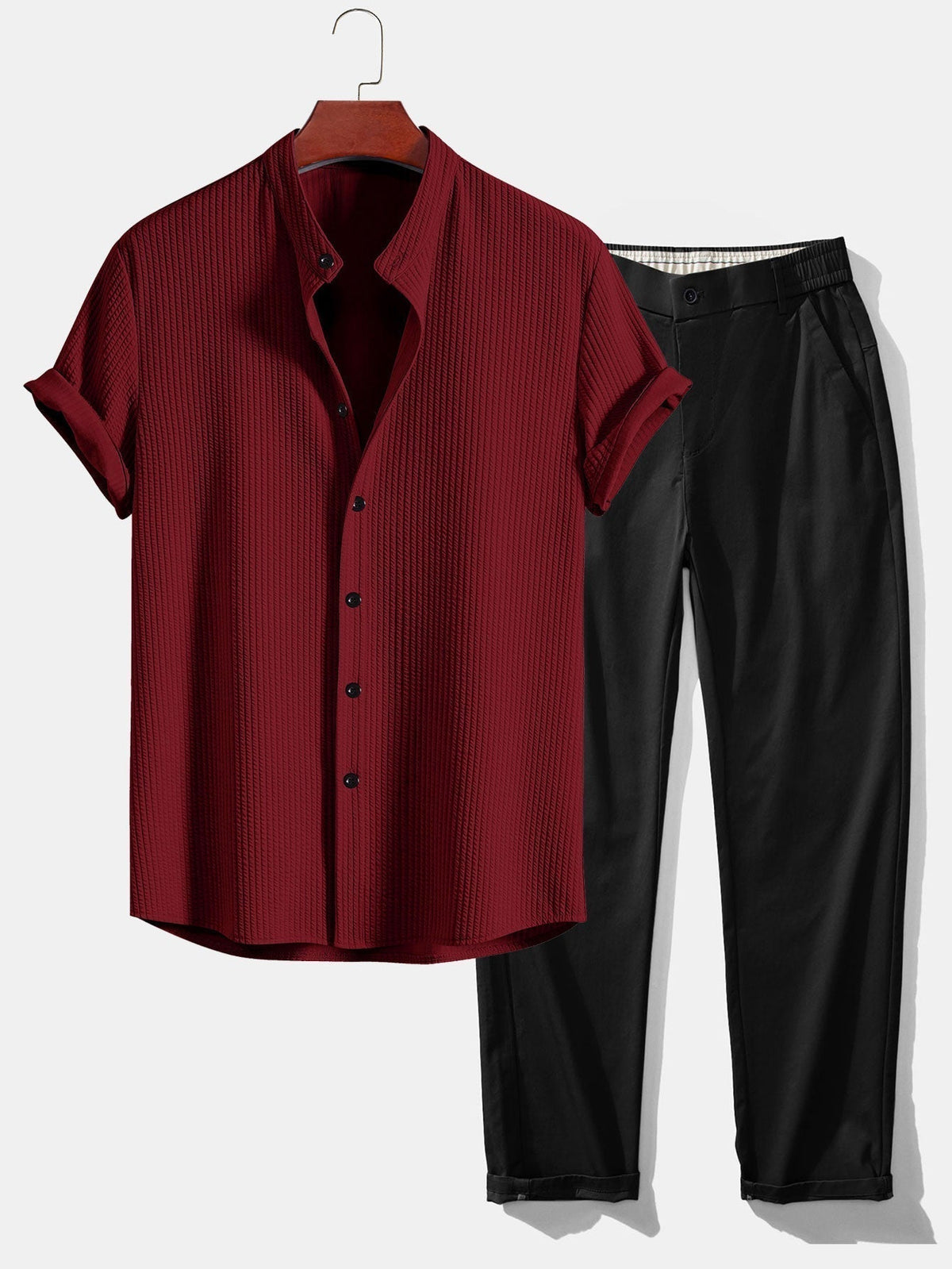 Muscle Fit Ribbed Stand Collar Shirt & Elastic Waist Straight Leg Trousers