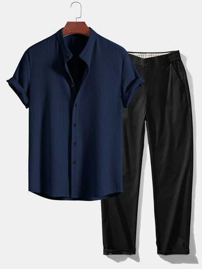 Muscle Fit Ribbed Stand Collar Shirt & Elastic Waist Straight Leg Trousers
