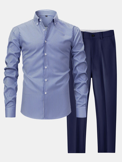 Long Sleeve Stripe Button Up Shirt & Slim Fit Tapered Trousers