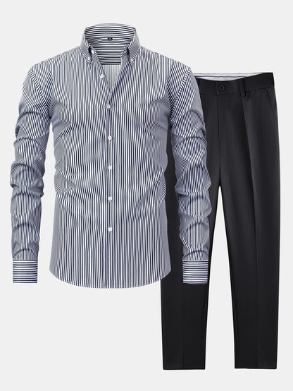 Long Sleeve Stripe Button Up Shirt & Slim Fit Tapered Trousers