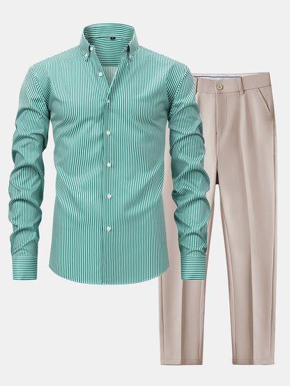 Long Sleeve Stripe Button Up Shirt & Slim Fit Tapered Trousers