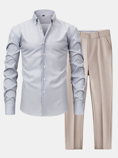 Long Sleeve Stripe Button Up Shirt & Slim Fit Tapered Trousers