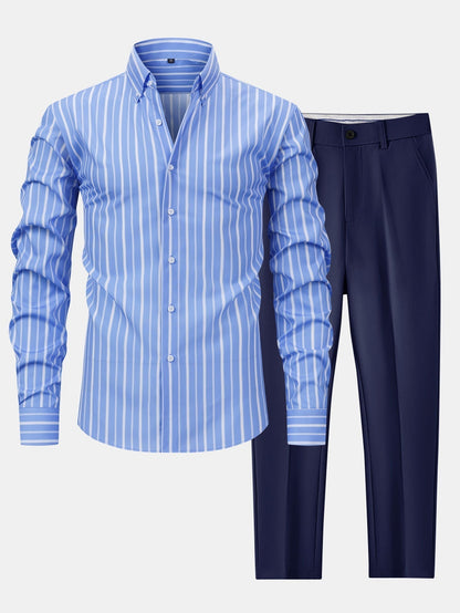 Long Sleeve Stripe Button Up Shirt & Slim Fit Tapered Trousers