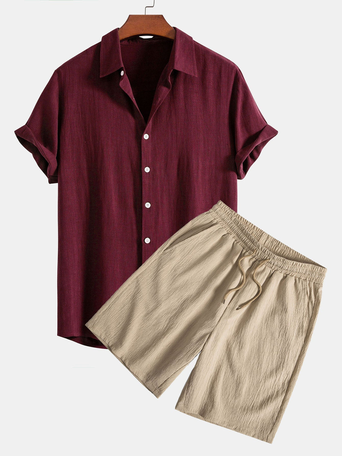 Linen Rayon Blend Button Up Shirt & Crinkled Textured Drawstring Shorts