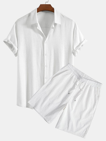 Linen Rayon Blend Button Up Shirt & Crinkled Textured Drawstring Shorts