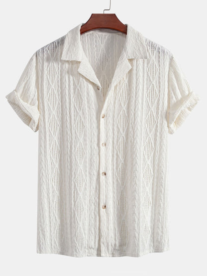 Geometric Jacquard Eyelet Cuban Shirt & Crinkle Textured Straight Leg Pants