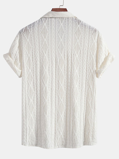Geometric Jacquard Eyelet Cuban Shirt & Crinkled Textured Drawstring Shorts