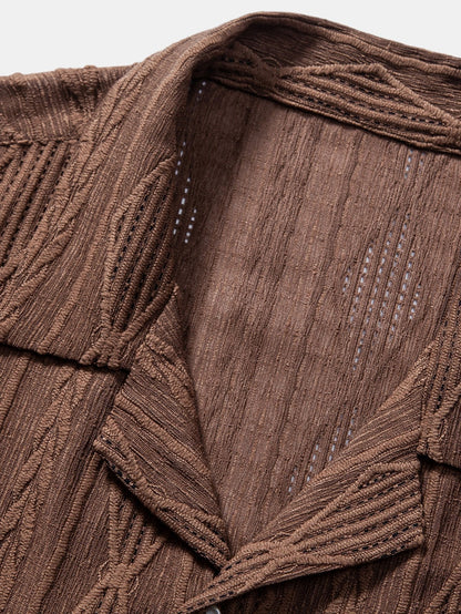 Geometric Jacquard Eyelet Cuban Shirt & Crinkled Textured Drawstring Shorts