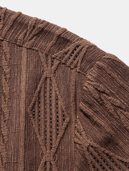 Geometric Jacquard Eyelet Cuban Shirt & Crinkled Textured Drawstring Shorts