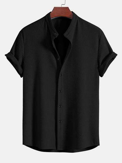 Muscle Fit Ribbed Stand Collar Shirt & Elastic Waist Straight Leg Trousers