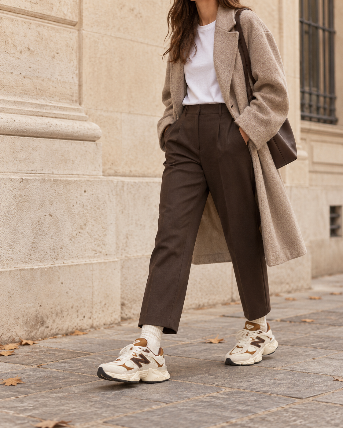 Styling inspiration: Breakfast Tea / Angora sneakers with an oatmeal coat and espresso trousers